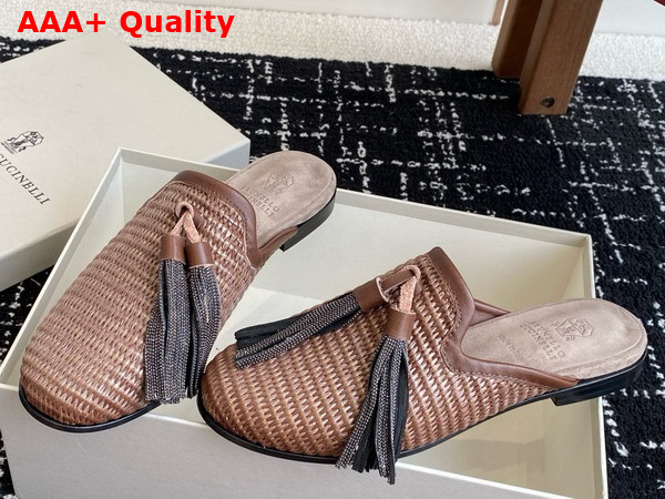 Brunello Cucinelli Techno Raffia Slipper with Precious Trim and Tassel in Brown Replica