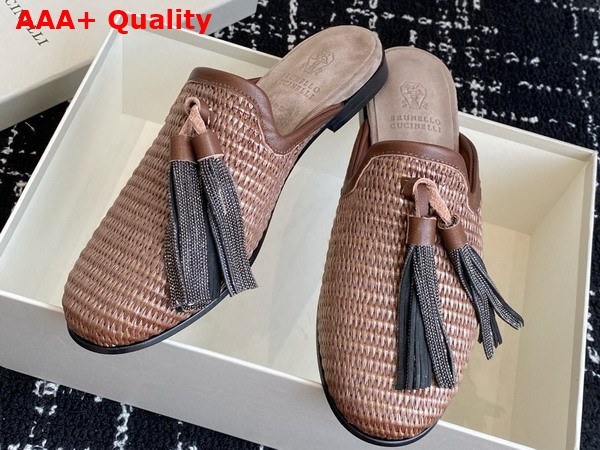Brunello Cucinelli Techno Raffia Slipper with Precious Trim and Tassel in Brown Replica