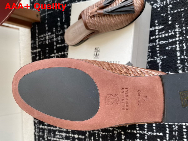 Brunello Cucinelli Techno Raffia Slipper with Precious Trim and Tassel in Brown Replica