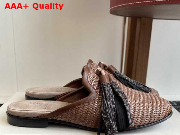 Brunello Cucinelli Techno Raffia Slipper with Precious Trim and Tassel in Brown Replica