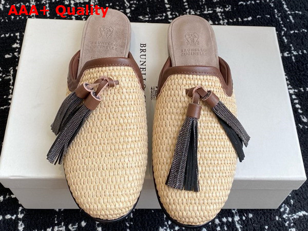 Brunello Cucinelli Techno Raffia Slipper with Precious Trim and Tassel in Natural Replica