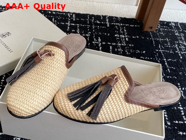 Brunello Cucinelli Techno Raffia Slipper with Precious Trim and Tassel in Natural Replica