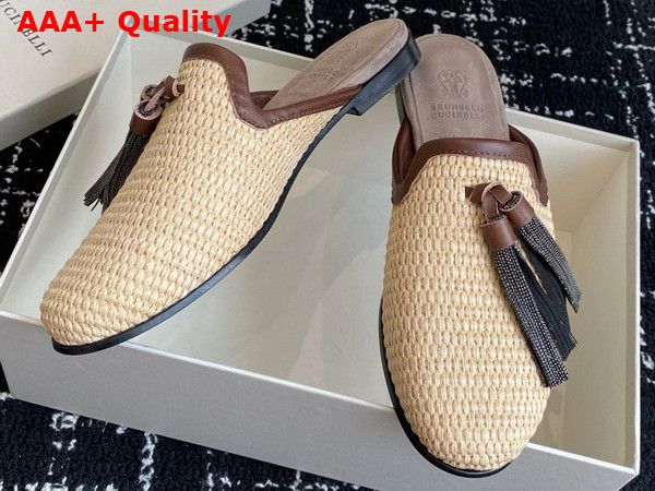 Brunello Cucinelli Techno Raffia Slipper with Precious Trim and Tassel in Natural Replica