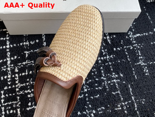 Brunello Cucinelli Techno Raffia Slipper with Precious Trim and Tassel in Natural Replica