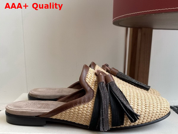 Brunello Cucinelli Techno Raffia Slipper with Precious Trim and Tassel in Natural Replica