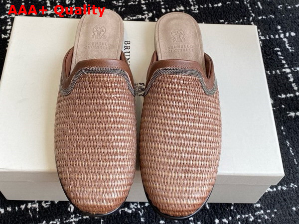 Brunello Cucinelli Techno Raffia Slipper with Precious Trim in Brown Replica