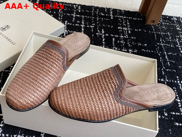 Brunello Cucinelli Techno Raffia Slipper with Precious Trim in Brown Replica