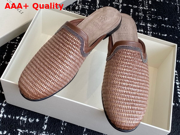 Brunello Cucinelli Techno Raffia Slipper with Precious Trim in Brown Replica