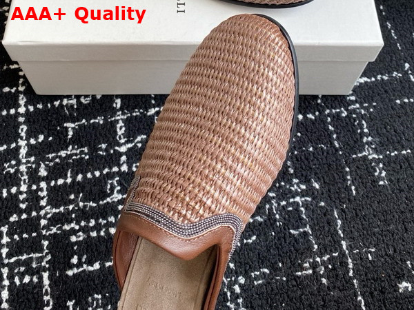 Brunello Cucinelli Techno Raffia Slipper with Precious Trim in Brown Replica