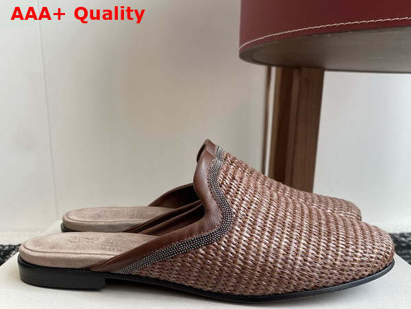 Brunello Cucinelli Techno Raffia Slipper with Precious Trim in Brown Replica