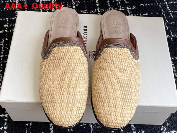 Brunello Cucinelli Techno Raffia Slipper with Precious Trim in Natural Replica