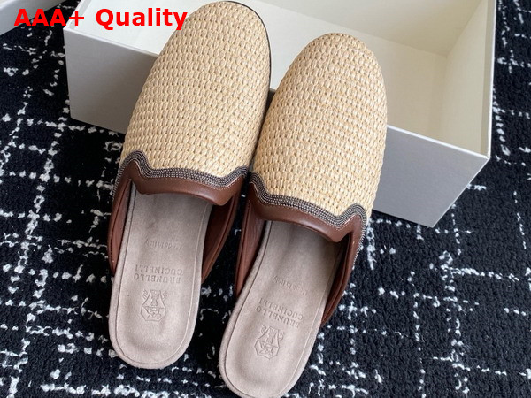 Brunello Cucinelli Techno Raffia Slipper with Precious Trim in Natural Replica