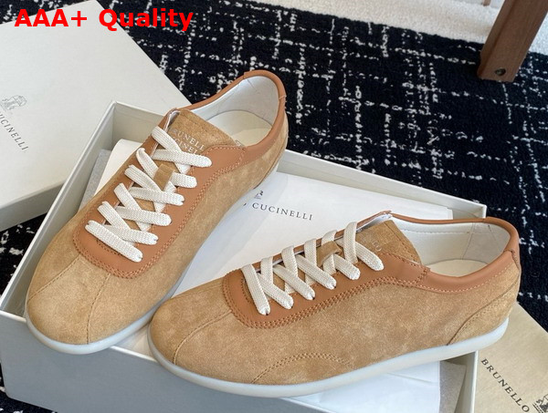 Brunello Cucinelli Washed Suede Sneakers in Light Brown Replica