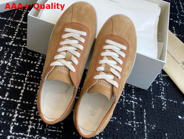 Brunello Cucinelli Washed Suede Sneakers in Light Brown Replica