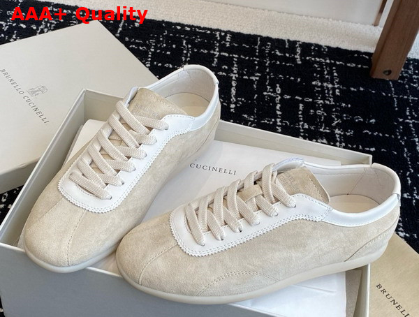 Brunello Cucinelli Washed Suede Sneakers in Milk Replica