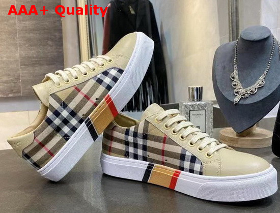 Burberry Bio Based Sole Check Cotton and Leather Sneakers Beige Replica