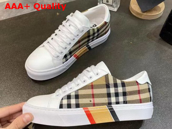 Burberry Bio Based Sole Check Cotton and Leather Sneakers Beige and White Replica