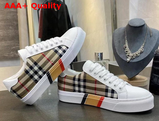 Burberry Bio Based Sole Check Cotton and Leather Sneakers Beige and White Replica