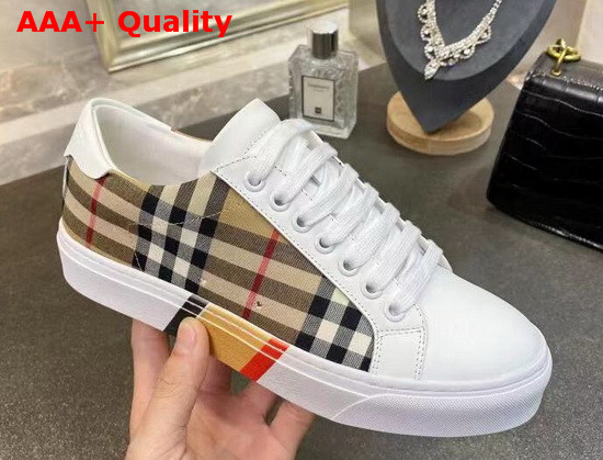 Burberry Bio Based Sole Check Cotton and Leather Sneakers Beige and White Replica