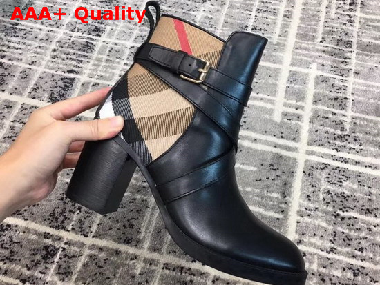 Burberry Check Canvas and Leather Ankle Boots Black Replica