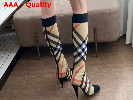 Burberry Check Stretch Knit Sock Boots Archive Beige Replica