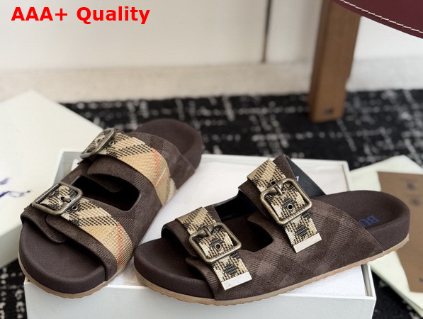 Burberry Check Suede Urchin Sandals in Dark Brown Replica