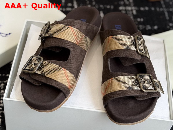 Burberry Check Suede Urchin Sandals in Dark Brown Replica