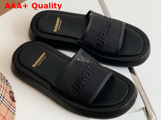Burberry Embroidered Logo Mesh and Leather Slides in Black Replica