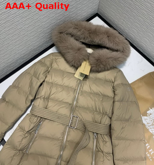 Burberry Fox Fur Trim Hooded Puffer Coat in Beige Replica