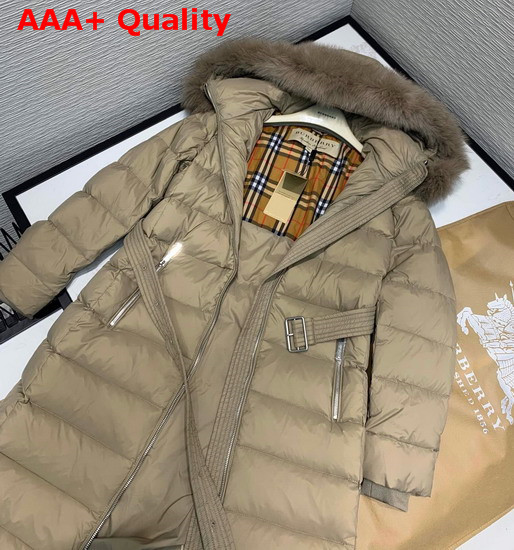 Burberry Fox Fur Trim Hooded Puffer Coat in Beige Replica