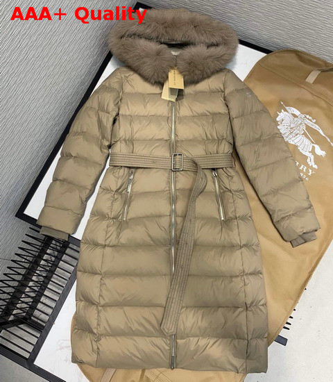 Burberry Fox Fur Trim Hooded Puffer Coat in Beige Replica