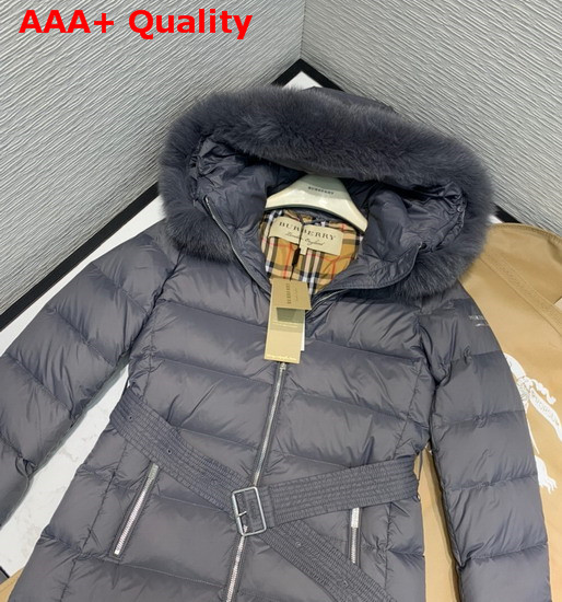 Burberry Fox Fur Trim Hooded Puffer Coat in Grey Replica