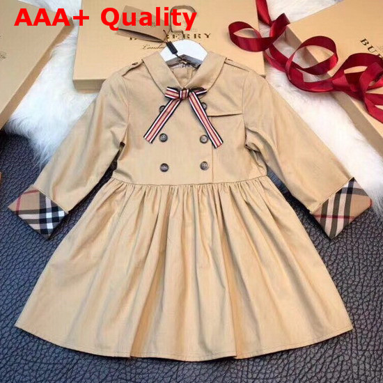 Burberry Gathered Sleeve Cotton Dress in Beige for Girl Replica