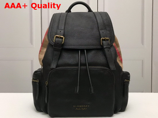 Burberry Large Rucksack in Black Leather and Vintage Check Cotton Replica