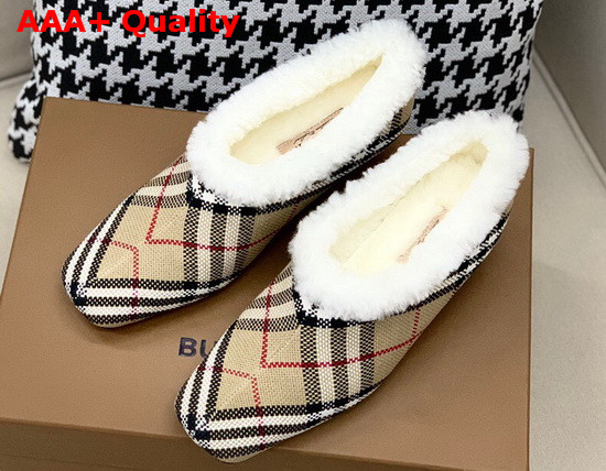Burberry Latticed Cotton Kitten Heel Pumps with Shearling Lining Archive Beige Replica