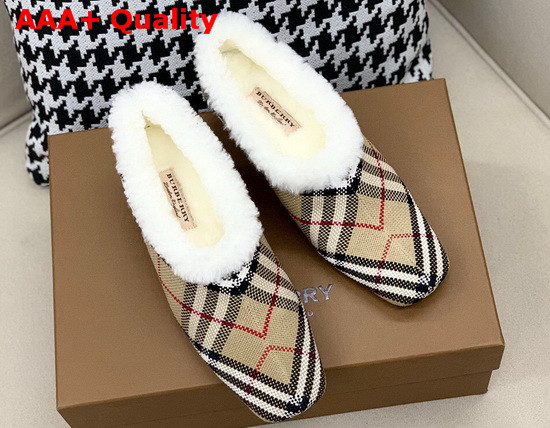 Burberry Latticed Cotton Kitten Heel Pumps with Shearling Lining Archive Beige Replica