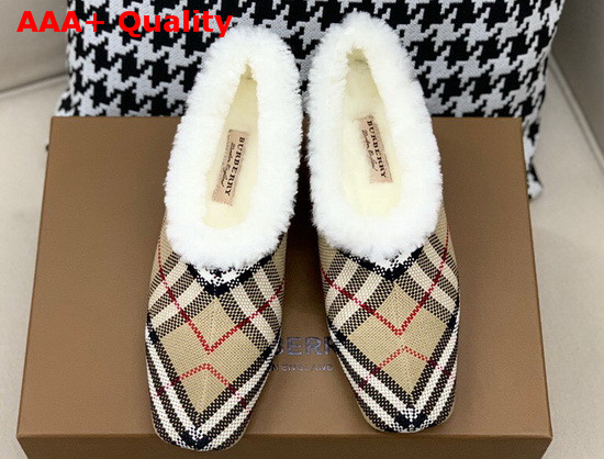 Burberry Latticed Cotton Kitten Heel Pumps with Shearling Lining Archive Beige Replica
