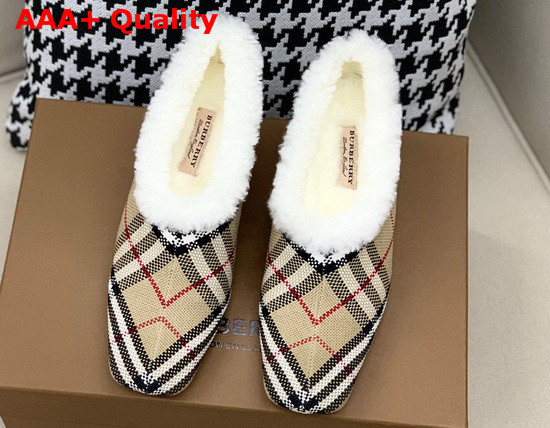 Burberry Latticed Cotton Kitten Heel Pumps with Shearling Lining Archive Beige Replica