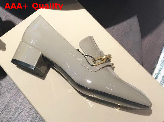 Burberry Link Detail Patent Leather Block Heel Loafers in Taupe Grey Replica