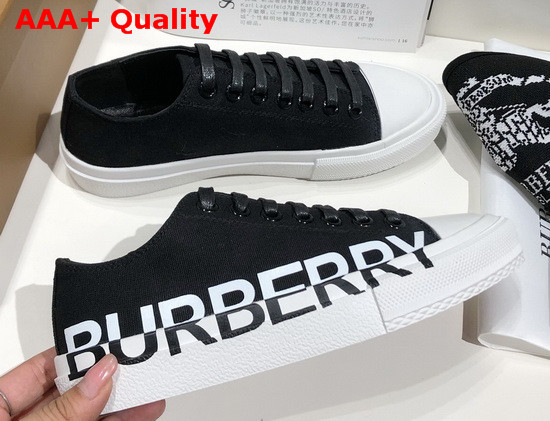 Burberry Logo Print Cotton Gabardine Sneakers Black and Optic White Replica