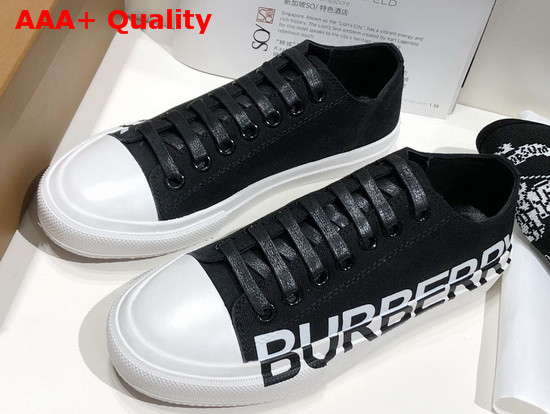 Burberry Logo Print Cotton Gabardine Sneakers Black and Optic White Replica