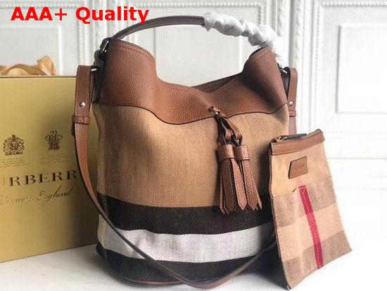 Burberry Medium Ashby in Canvas Check and Leather Saddle Brown Replica