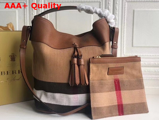Burberry Medium Ashby in Canvas Check and Leather Saddle Brown Replica