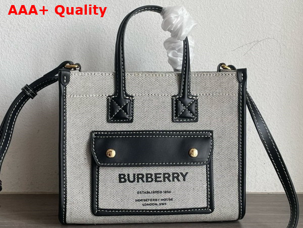 Burberry Mini Freya Tote in Cotton Canvas Trimmed with Topstitched Leather Natural and Black Replica