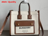 Burberry Mini Freya Tote in Cotton Canvas Trimmed with Topstitched Leather Natural and Tan Replica