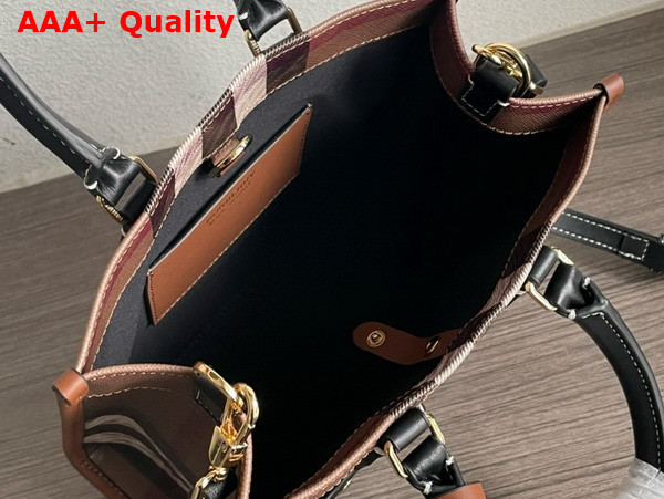 Burberry Mini Freya Tote in Dark Birch Brown Burberry Check Trimmed with Topstitched Leather Replica