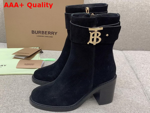 Burberry Monogram Motif Suede Block Heel Boots in Black Replica