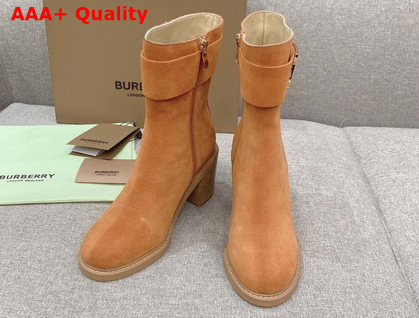 Burberry Monogram Motif Suede Block Heel Boots in Brown Replica