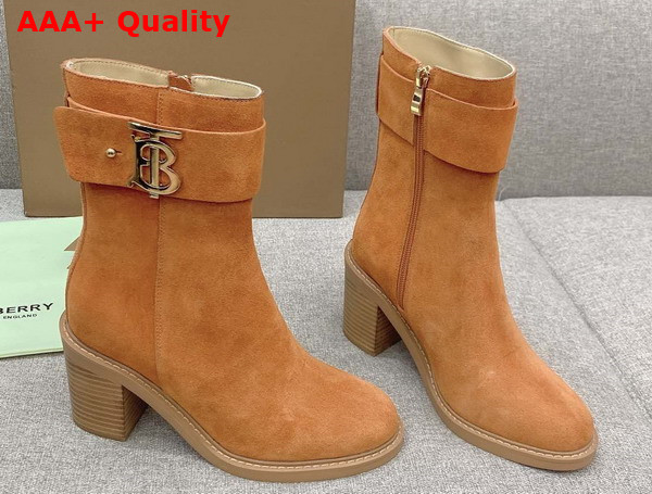 Burberry Monogram Motif Suede Block Heel Boots in Brown Replica