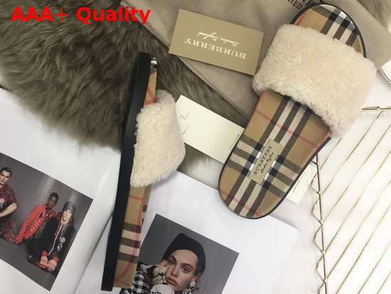 Burberry Shearling and Vintage Check Slides Natural Replica